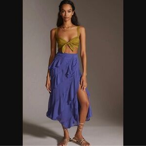 Anthropologie womens A line ruffle slit midi skirt flowy beach fairy 10 Blue